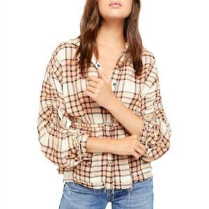 Free People We The Free Womens Plaid Released Trim Button-Down Top Shirt